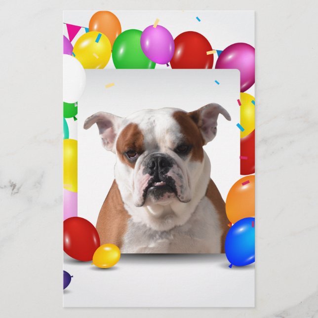 Papelería Perro bulldog con coloridos globos Tema del cumple (Anverso)
