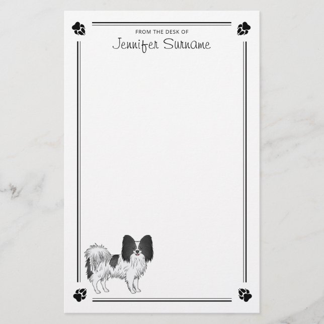 Papelería Perro Papillon Blanco Y Negro Con Patas Y Texto (Anverso)