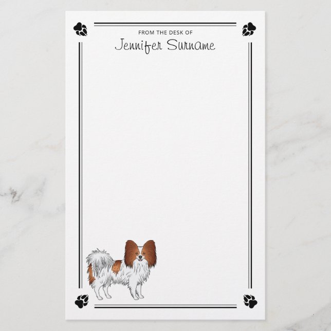 Papelería Perro Papillon Rojo Y Blanco Con Patas Y Texto (Anverso)