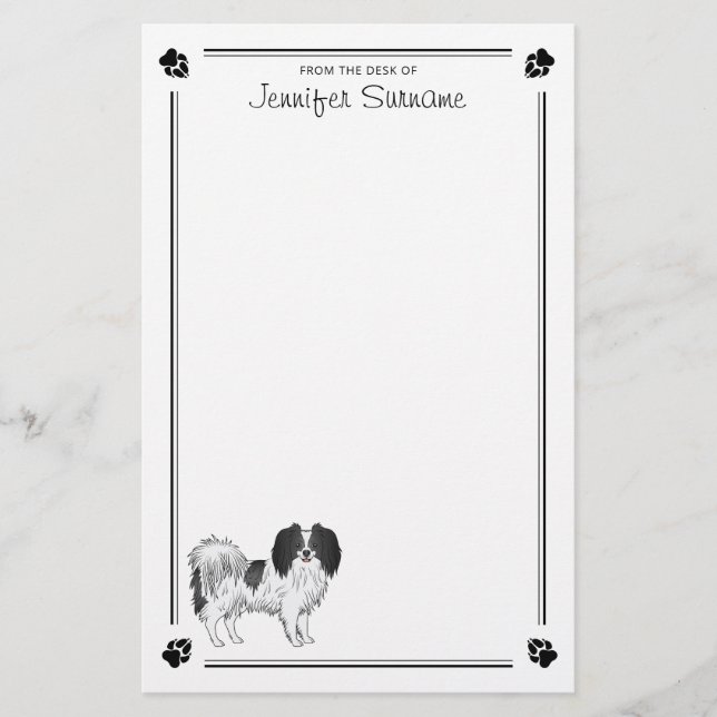 Papelería Perro Phalène Blanco Y Negro Con Patas Y Texto (Anverso)