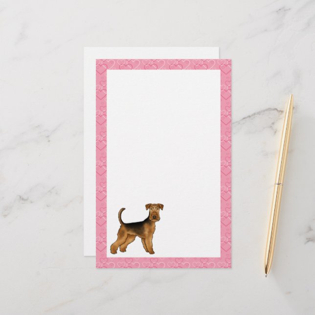 Papelería Perro Terrier Airedale Bingley Con Corazones Rosad (Anverso/Reverso In Situ)