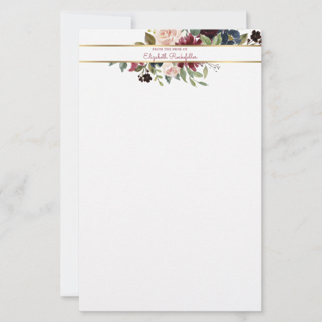 Papelería Personalizado Burgundy Navy Gold Boho Floral Bouqu (Anverso)