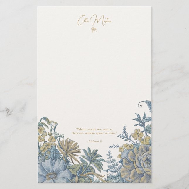 Papelería Personalizado Floral Elegante Guión Cita Moda Azul (Anverso)
