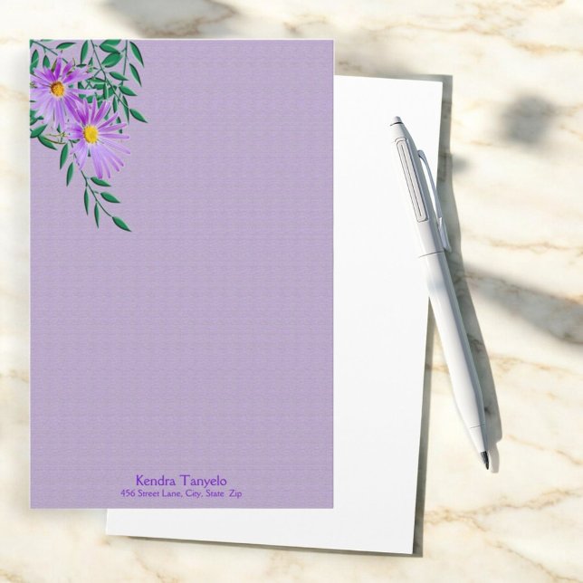 Papelería Personalizado fronterizo de foto de flor violeta d (stationery front floral corner purple texture background and white back)