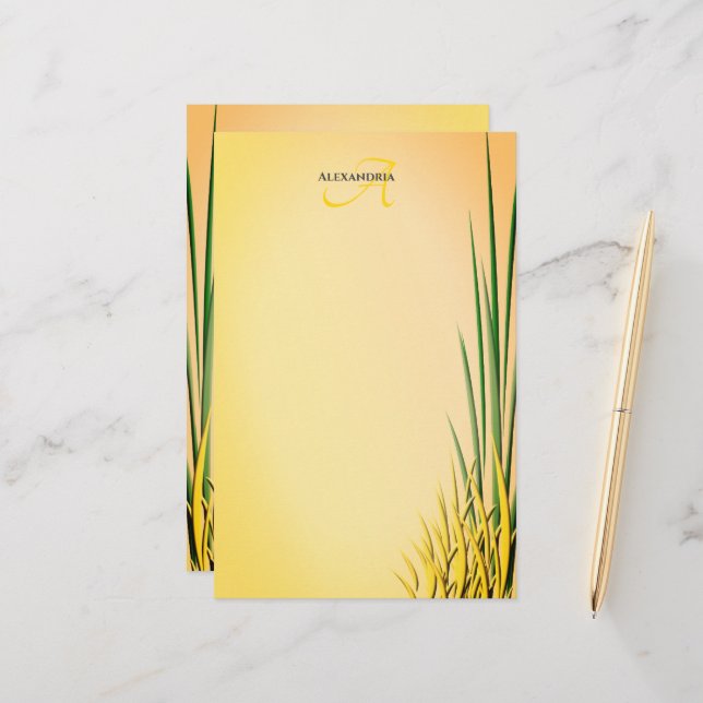 Papelería Personalizado Nombre Monograma Grass Borde Estacio (Anverso/Reverso In Situ)