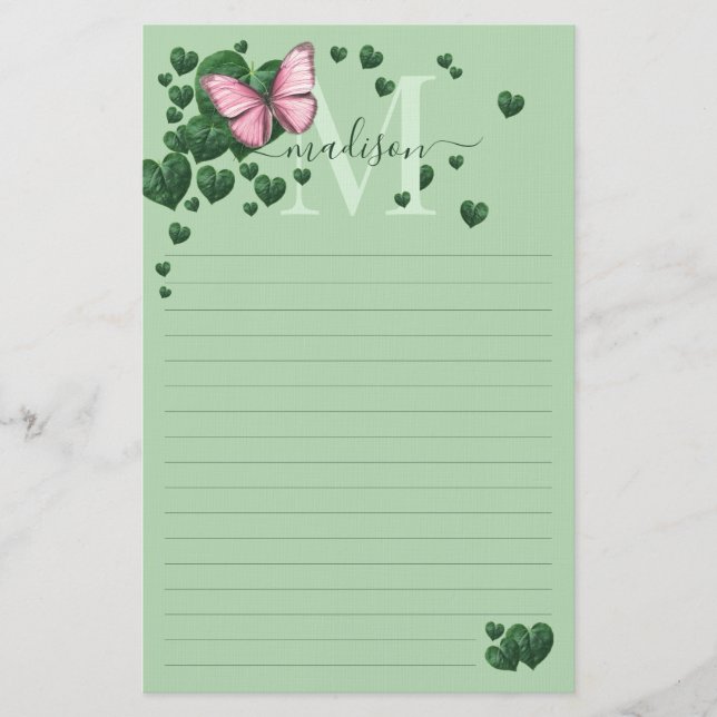 Papelería Personalized Pink Butterfly with Heart Leaves (Anverso)