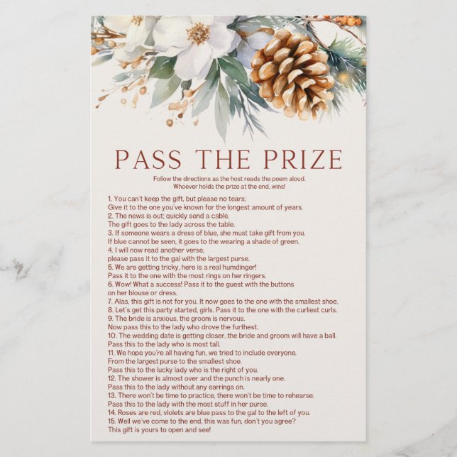 Papelería Pine Tree Pass The Pridal Bridal Shower Game (Anverso)
