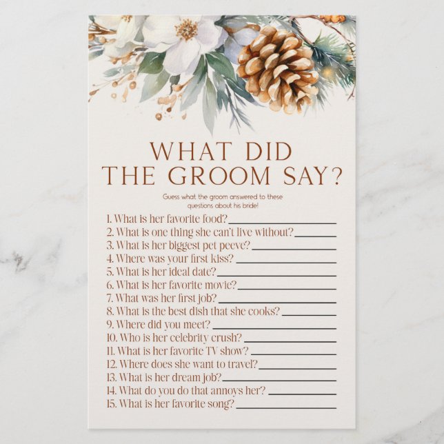 Papelería Pine Tree What the Groom Say Bridal Shower Game (Anverso)