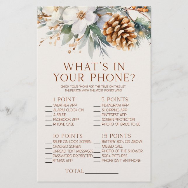 Papelería Pine Tree What's In Phone Bridal Shower Game (Anverso)