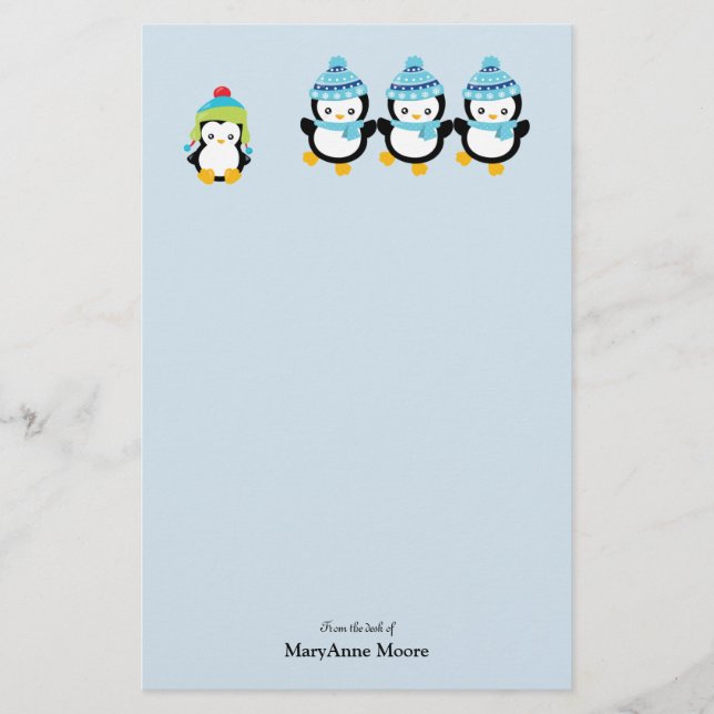 Papelería Pingüinos personalizados vestidos para el invierno (Anverso)