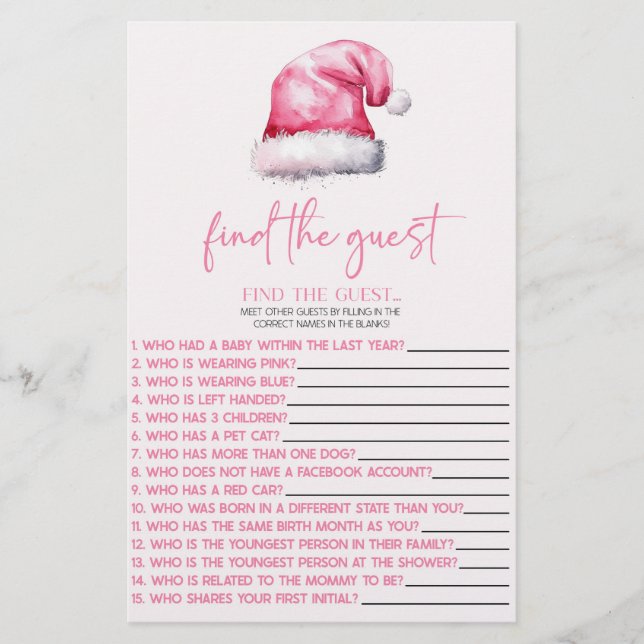 Papelería Pink Santa Find The Guest Baby Shower Game (Anverso)
