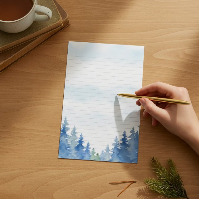 Papelería Pinos con temática invernal alineados (Winter themed pine trees lined stationery.)