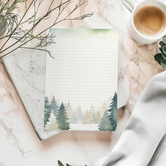 Papelería Pinos verdes con temática invernal bordeados (Watercolor forest lined stationery with pine tree border and soft green accents.)