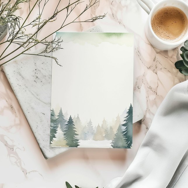 Papelería Pinos verdes con temática invernal llenos (Watercolor forest stationery with pine tree border and soft green accents.)