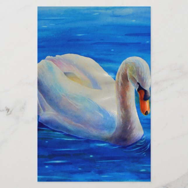 Papelería Pintura de acuarela de cisne blanco, aves acuática (Anverso)