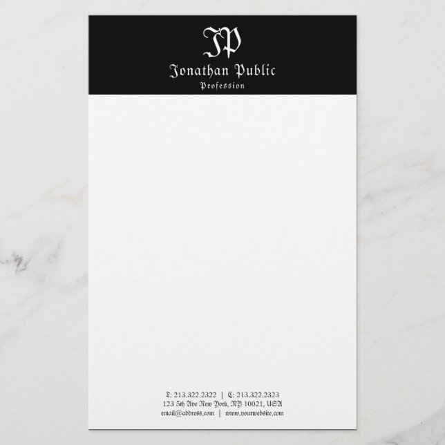 Papelería Plantilla blanca negra caligrafiada Elegante Vinta (Anverso)
