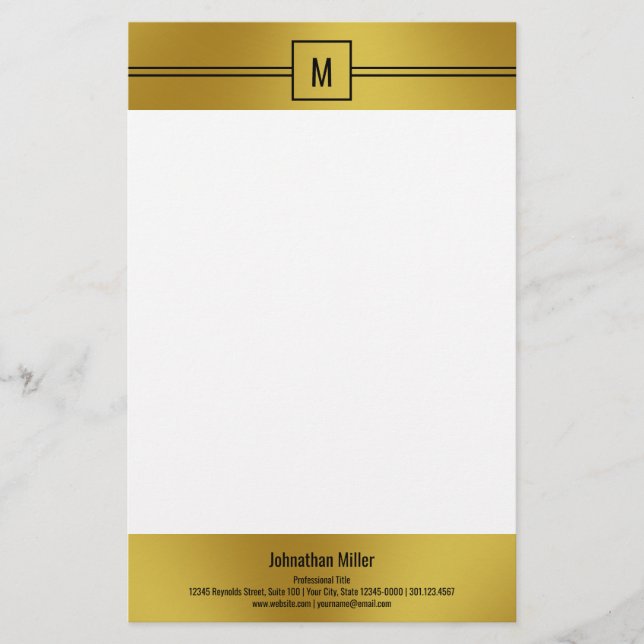 Papelería Plantilla de Monograma Blanco y Oro Negro Moderno (Anverso)