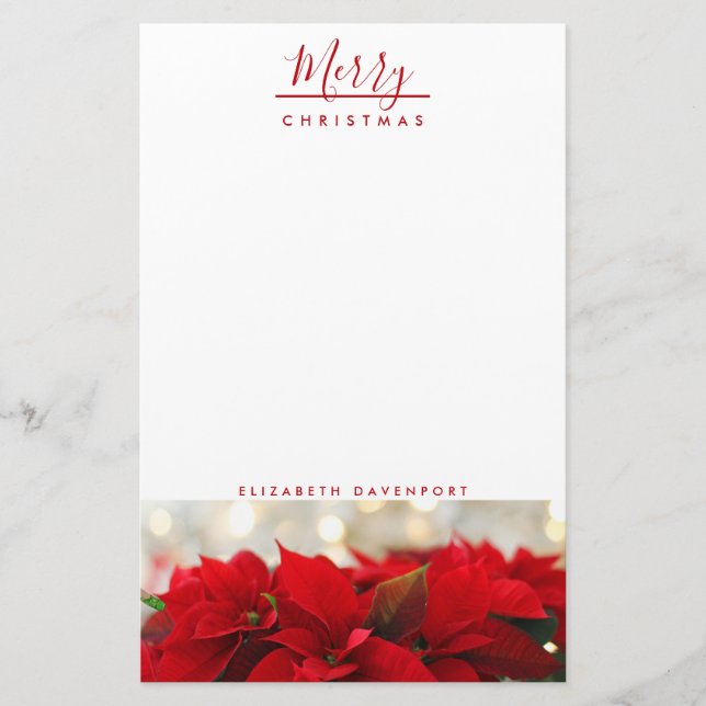 Papelería Poinsettias rojas con Navidades del Bokeh de Oro (Anverso)