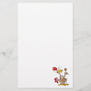 Papelería pollo tonto sosteniendo un cubo de baquetas de pol