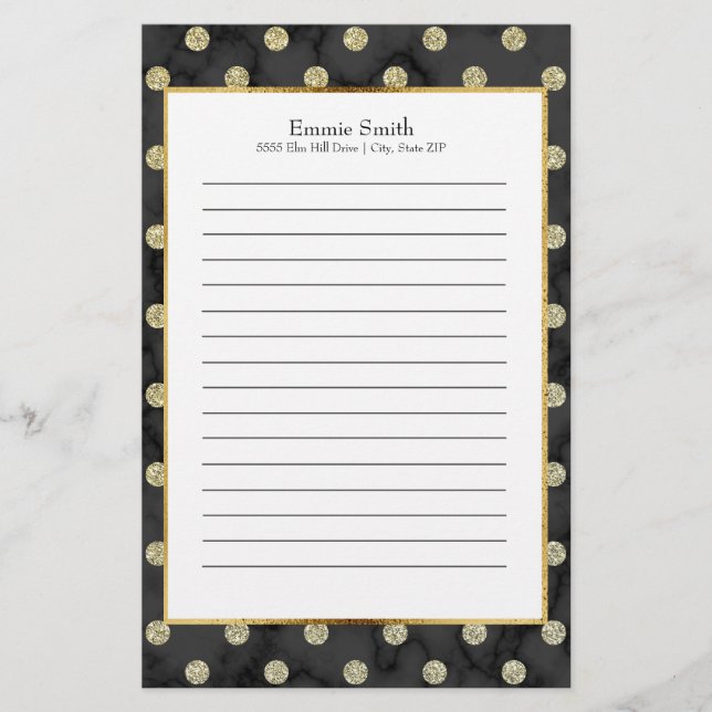 Papelería Punto de polka negro y oro personalizado (Anverso)