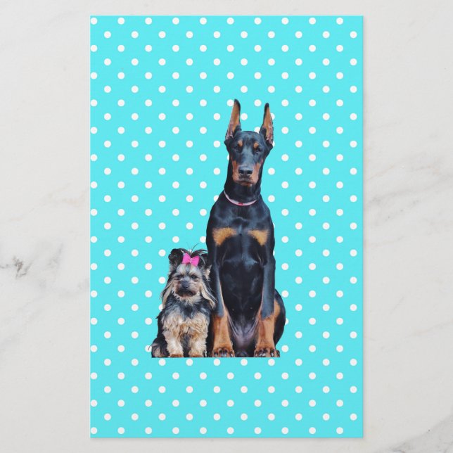 Papelería Puntos de Polka Azul de Yorkshire Terrier Doberman (Anverso)
