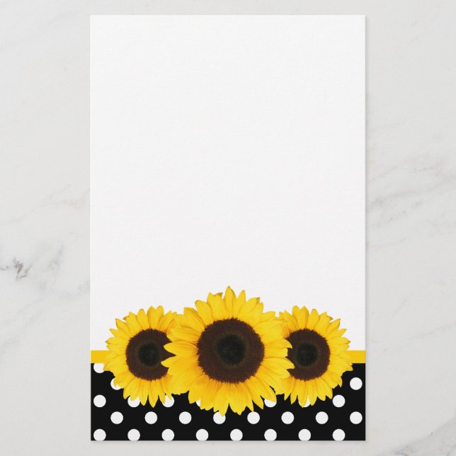 Papelería Puntos de polka blanco y negro con girasol (Anverso)