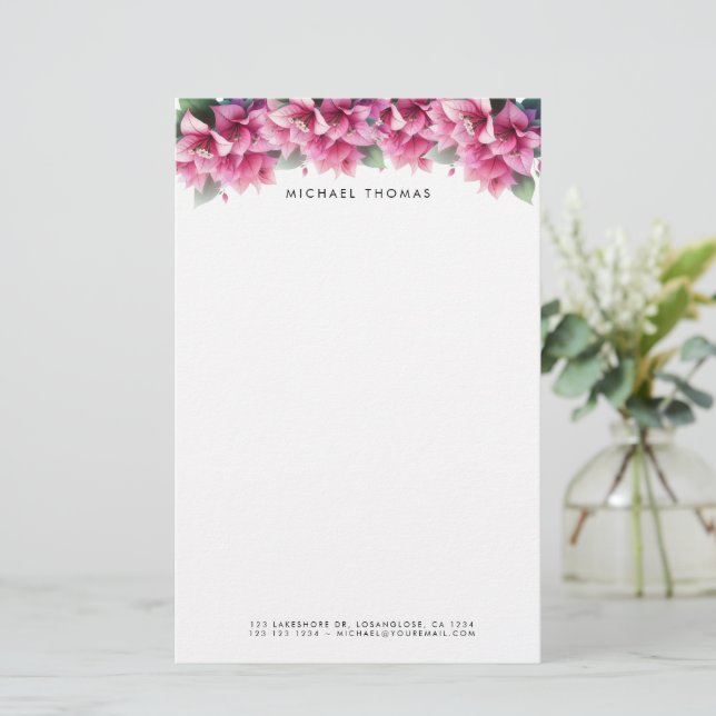 Papelería Púrpura acuarela Bougainvillea personalizada (Anverso de pie)