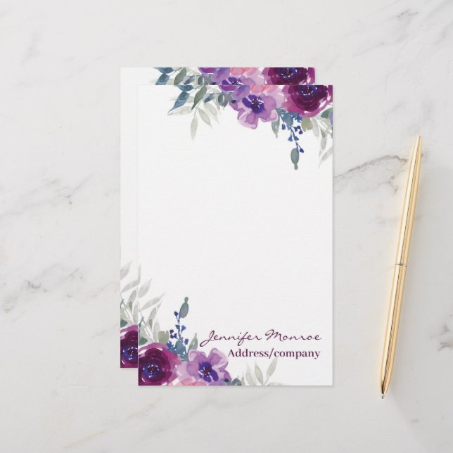 Papelería Púrpura acuarela floral personalizada (Anverso/Reverso In Situ)