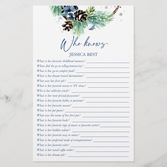 Papelería Quién conoce a la novia mejor juego de ducha de no (Anverso)