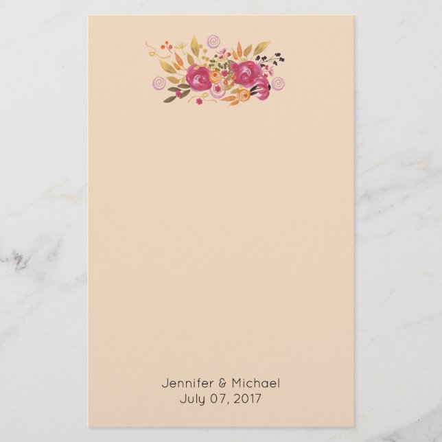 Papelería Ramo de flores rosas y naranjas sobre fondo meloco (Anverso)