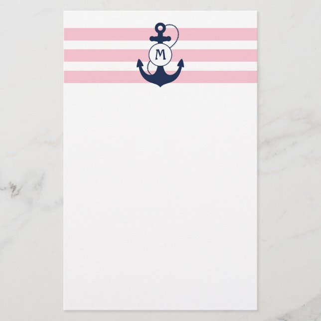 Papelería Rayas náuticas rosadas con el monograma del ancla (Anverso)