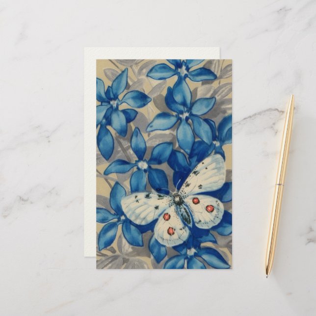Papelería retro, mariposa sobre fondo de flores azules (Anverso/Reverso In Situ)