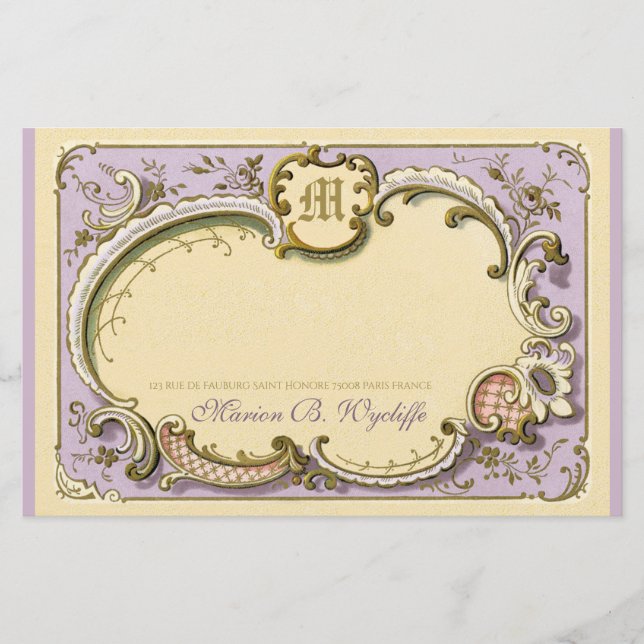 Papelería Rococo francés elegante marco antiguo Lilac dorado (Anverso)