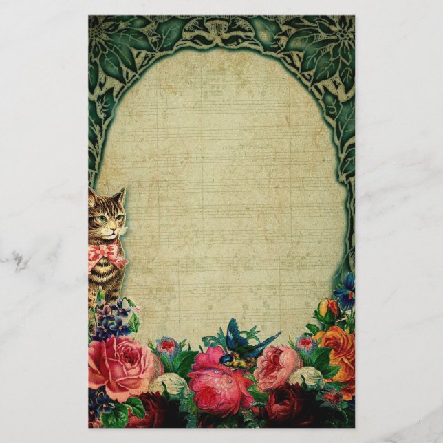 Papelería Rosa de música de chapa y gato victoriano de vinta (Anverso)
