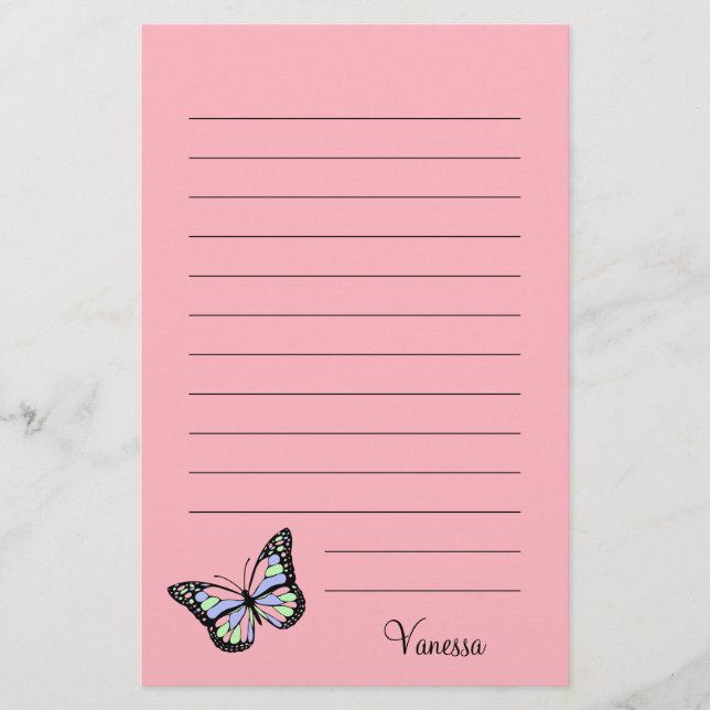 Papelería Rosa mate con escritura negra y mariposa (Anverso)