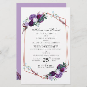 Papelería Rosa morado floral oro Boda de vegetación geométri