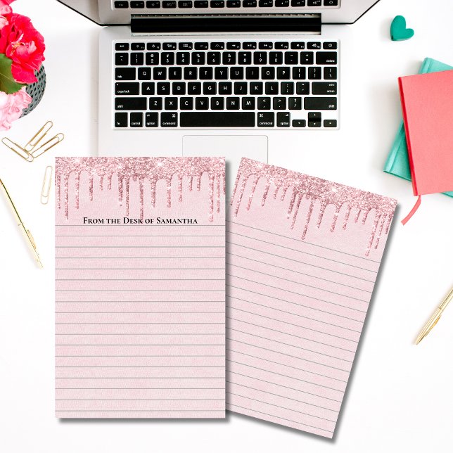 Papelería Rosa Personalizado Goteo Brillo Tendencia Forrado  (Personalized Pink Glitter Stationery. Personal or small business)