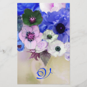 PAPELERÍA ROSAS AZULES BLANCOS Y MONOGRAMA DE FLORES DE ANEM