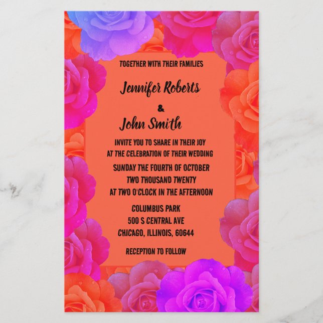 Papelería Rosas de código QR Naranja rosado Boda morado flor (Anverso)