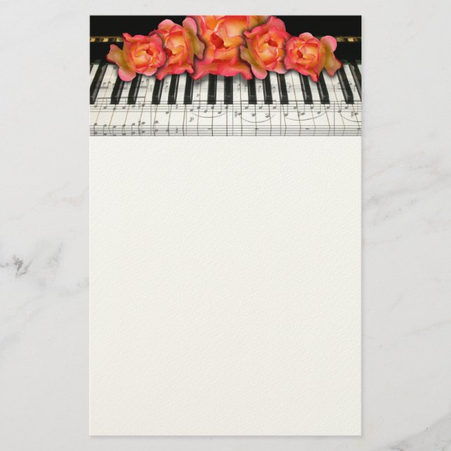 Papelería Rosas del teclado de piano y notas de la música (Anverso)