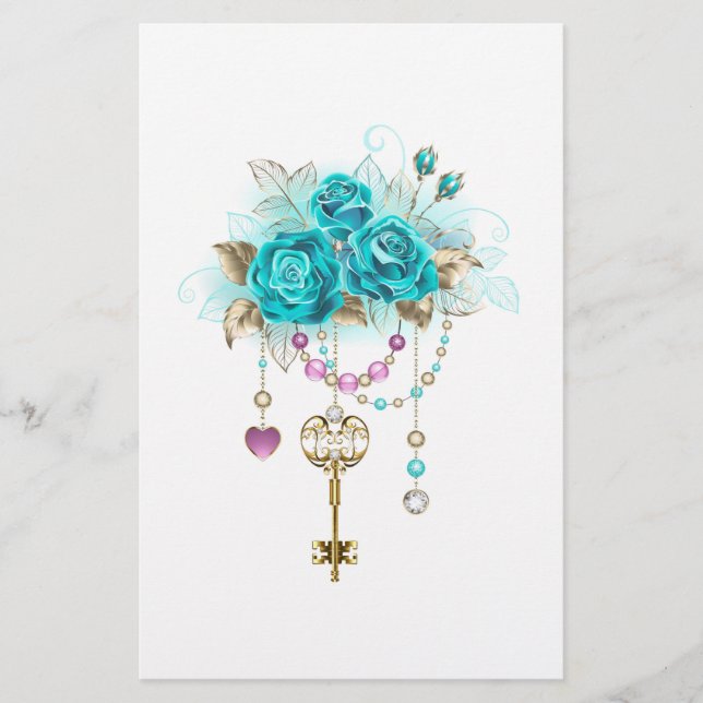 Papelería Rosas turquesas con llaves (Anverso)