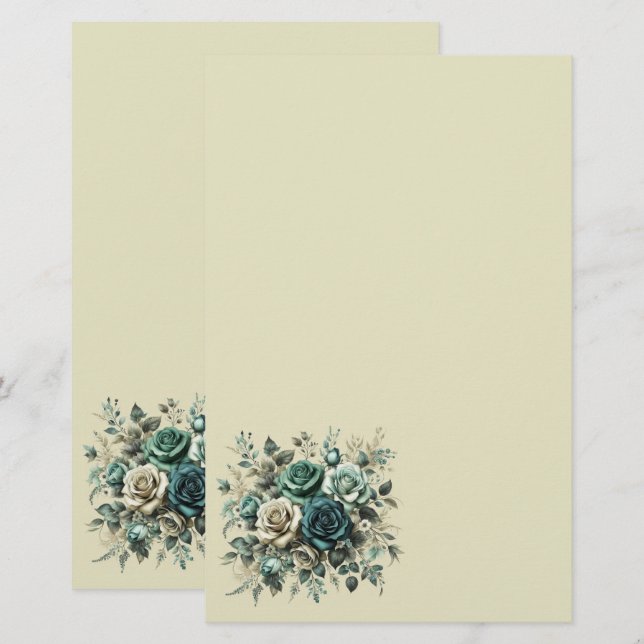 Papelería Rosas verde azuladas y blancas (Anverso / Reverso)