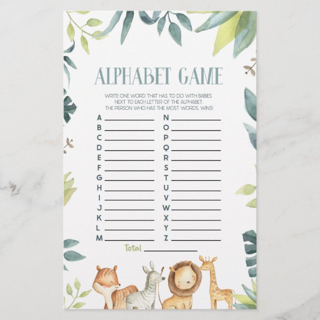 Papelería Safari Wild Zoo Animals Alphabet Baby Shower Game (Anverso)