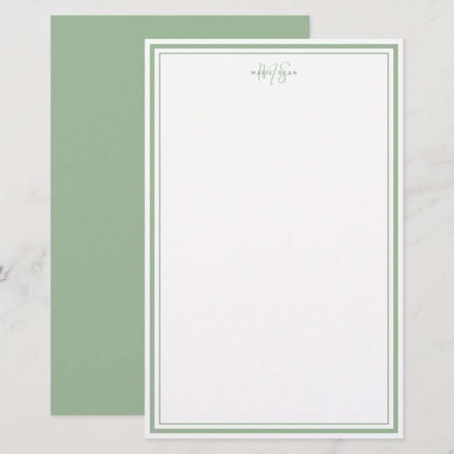 Papelería Sage Green Minimalista Simple Monograma Dos Borde (Anverso / Reverso)