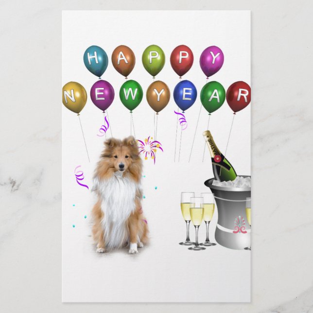 Papelería Sheltie Dog Feliz Año Nuevo (Anverso)