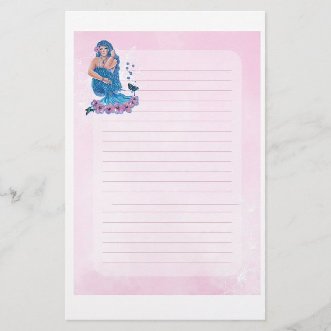 Papelería Sirena con flores de arte de Renee Lavoie (Anverso)