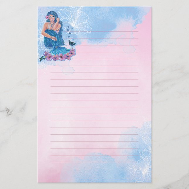 Papelería Sirena con flores de arte de Renee Lavoie (Anverso)