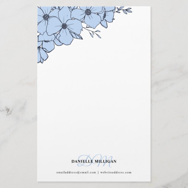 Papelería Sitio Web del Monograma Dove Blue Flowers (Anverso)