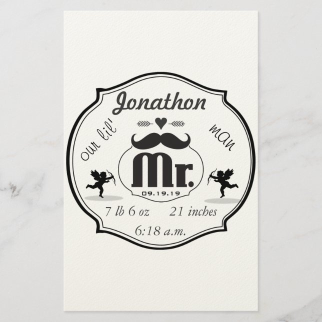 Papelería Sr. Mustache Lil Man Baby Boy Stats (Anverso)