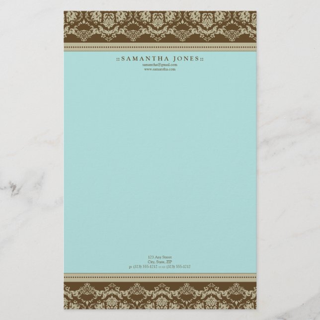 Papelería Stationery del diseñador de Damask barroco: aqua (Anverso)